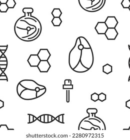 Lab grown meat seamless pattern. Cell cultured beef, pork concept. Artificial product. New way of nutrition. Editable vector illustration in black and white colors. Scientific background, texture