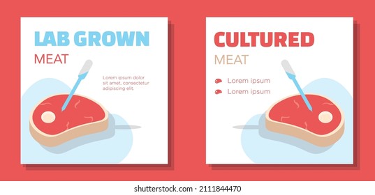 Lab grown meat social media post banner set, cultured beef advertisement concept, vitro food marketing square ad, synthetic technology flyer, futuristic leaflet, isolated.