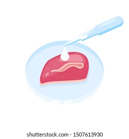 Lab grown meat vector concept. Chemical dish with a beef steak.Illustration of Future food technologies. Synthetic meat infographic
