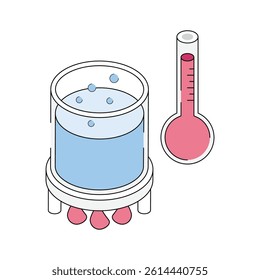 Lab heating beaker with thermometer, isometric icon