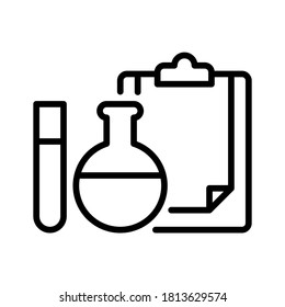 Lab icon. Science test tubes with clipboard. Line style. Isolated on white background.