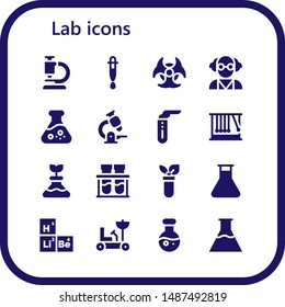 lab icon set. 16 filled lab icons.  Simple modern icons about  - Microscope, Dropper, Biohazard, Mad scientist, Flask, Test tube, Momentum, Chemical, Periodic table, Moon rover