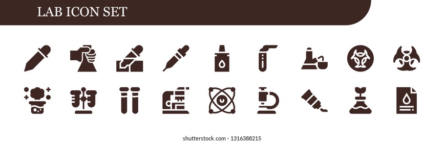 lab icon set. 18 filled lab icons.  Simple modern icons about  - Eyedropper, Flask, Pipette, Test tube, Biohazard, Chemical reaction, Test tubes, Microscope, Molecules, Tube, Blood test