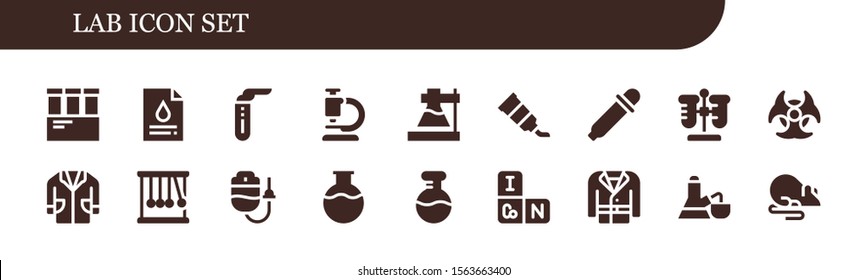 lab icon set. 18 filled lab icons.  Collection Of - Test tube, Blood test, Microscope, Flask, Tube, Eye dropper, Biohazard, Lab coat, Momentum, Dropper, Periodic table, Coat icons