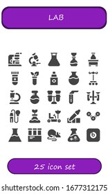 lab icon set. 25 filled lab icons. Included Microscope, Flask, Blood test, Test tube, Eye dropper, Dropper, Test tubes, Pipette, Moon rover, Eyedropper, Molecule, Flasks icons
