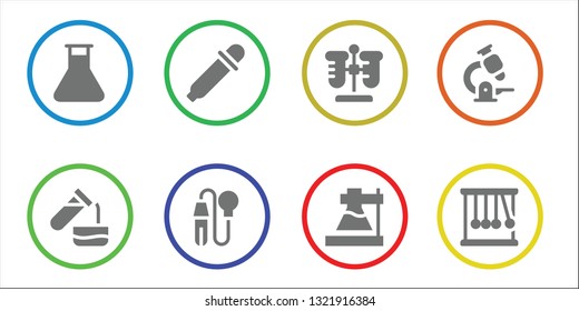 lab icon set. 8 filled lab icons.  Collection Of - Flask, Test tube, Eye dropper, Pipette, Microscope, Momentum