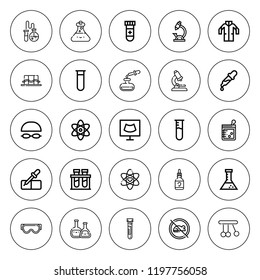Lab icon set. collection of 25 outline lab icons with beaker, chemical, blood test, ear dropper, flask, flasks, goggles, lab coat, microscope, newton icons. editable icons.