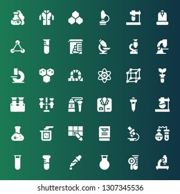 lab icon set. Collection of 36 filled lab icons included Microscope, Test tube, Flask, Pipette, Thesis, Beaker, Coat, Tube, Blood sample, Molecules, Science, Molecule, Stool test