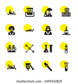 lab icons. Editable 16 lab icons. Included icons such as Blood sample, Eye dropper, Tube, Moon rover, Flask, Chemical, Molecule, Test tubes, Scientist. lab trendy icons for web.