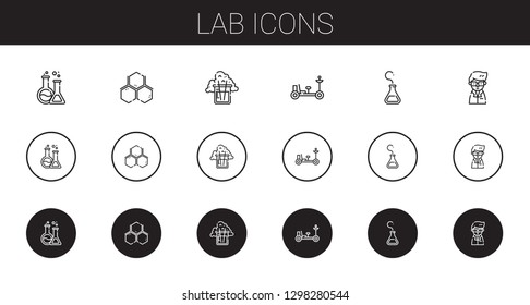 lab icons set. Collection of lab with flask, molecule, moon rover, scientist. Editable and scalable lab icons.