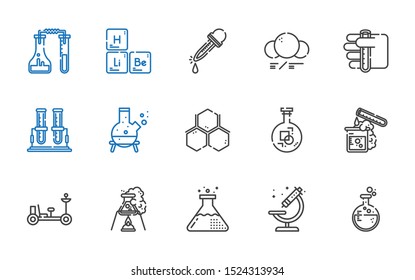 lab icons set. Collection of lab with flask, microscope, moon rover, test tube, molecule, eyedropper, periodic table. Editable and scalable lab icons.