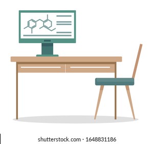 Lab interior design. Workplace of chemist or scientist. Lab in clinic or hospital. Working place for student of chemistry department. Laptop with molecular structure. Chemical elements analysis vector