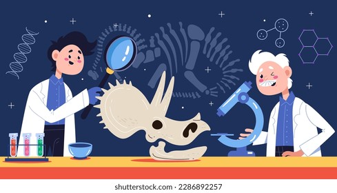 Lab laboratory dinosaur fossil ancient dna history archaeologist concept. Vector graphic design illustration