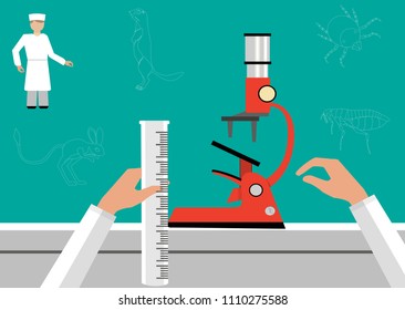 Lab, laboratory worker, wearing medical robe microscope on the table, arms and hands of laboratory assistant with  cartoon vector illustration 