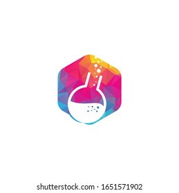 Lab logo vector. Lab template. Science lab logo. Beaker Lab round flask with chemical substance inside make Bubbles for logo design.	