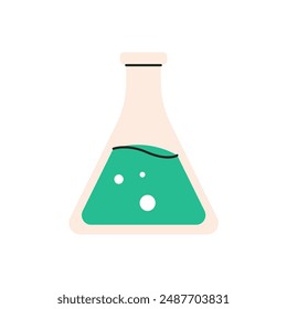 Lab measuring beaker. Transparent glassware with chemical reagent. Medical scientific research. Experiment equipment. Vector illustration in flat style