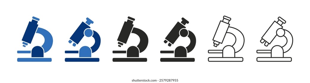 Lab microscope icon set. Microscope line, silhouette and flat style. Vector illustration