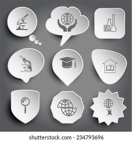 lab microscope, protection world, chemical test tubes, graduation cap, library, magnifying glass, shift globe, little man with globe. White vector buttons on gray.