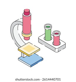 Lab microscope with vial stand, icon designed in isometric outline style