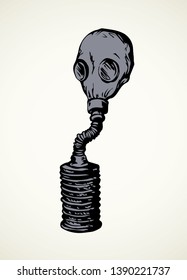 Lab nosebag airborne face muzzle isolated on white backdrop. Freehand outline black ink hand drawn picture sign sketchy in scribble vintage style pen on paper. Closeup front view with space for text