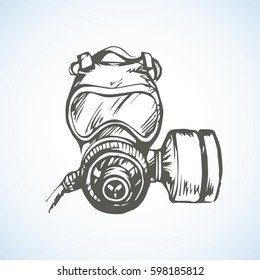 Lab nosebag airborne face muzzle isolated on white backdrop. Freehand outline black ink hand drawn picture sign sketchy in scribble vintage style pen on paper. Closeup front view with space for text