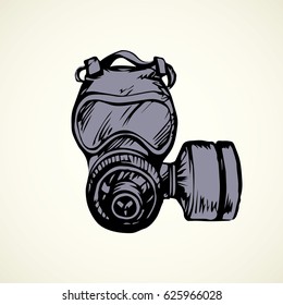 Lab nosebag airborne face muzzle isolated on white backdrop. Freehand outline black ink hand drawn picture sign sketchy in scribble vintage style pen on paper. Closeup front view with space for text