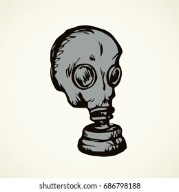 Lab nosebag airborne face muzzle isolated on white backdrop. Freehand outline black ink hand drawn picture sign sketchy in scribble vintage style pen on paper. Closeup front view with space for text