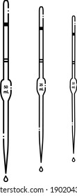 lab pipettes vector, size 50ml. 25ml. 10ml. pipette vector,chemical glassware illustration vector ,isolate on white background, esp 8