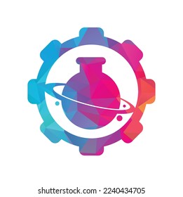 Diseño de plantillas de logotipo de diseño de forma de engranajes de laboratorio de planetas. Plantilla de diseño de logotipo abstracto del laboratorio de trabajo de órbita creativa Ilustración vectorial.