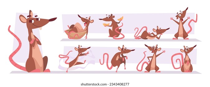 Rata de laboratorio. El ratón de dibujos animados en varias posiciones emociones divertidas plantilla de ilustración vectorial exacta