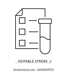 A lab report icon in minimalist style with editable stroke. Medical document, test result sheet, sample analysis, diagnostic paper, specimen vial, outline object, vector line illustration
