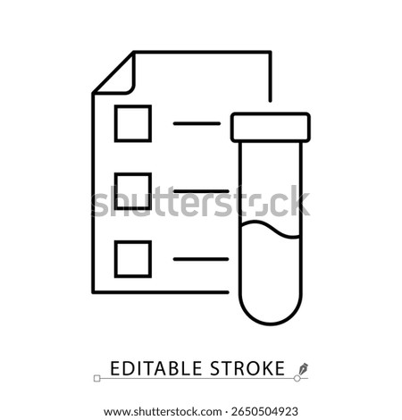 A lab report icon in minimalist style with editable stroke. Medical document, test result sheet, sample analysis, diagnostic paper, specimen vial, outline object, vector line illustration