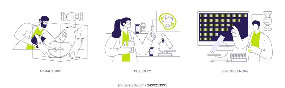 Lab research abstract concept vector illustration set. Animal study, body cells examination, gene sequencing, laboratory experiment, medicine discovery, biotechnology abstract metaphor.