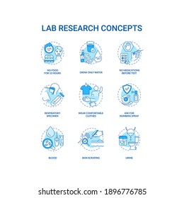 Lab research concept icons set. Health diagnostics idea thin line RGB color illustrations. No medication before test. Drinking only water. Vector isolated outline drawings. Editable stroke