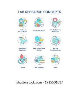 Juego de iconos de concepto de investigación de laboratorio. Diagnóstico de estado de las ilustraciones de color RGB de línea delgada. Sangre, orina. Raspado de piel. Espray de numeración. Dibujos de contorno aislados por vectores. Trazo editable