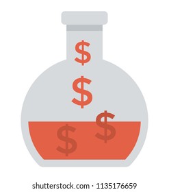 
A lab research flask with dollar inside symbolising economic research, flat vector icon
