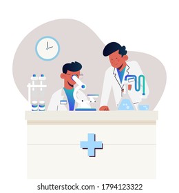 Lab research graphics. Scientists working in laboratory. Science experiment. Development vaccine or drug of coronavirus. Scientific interior - chemical, physical, medical or microbiology technology.
