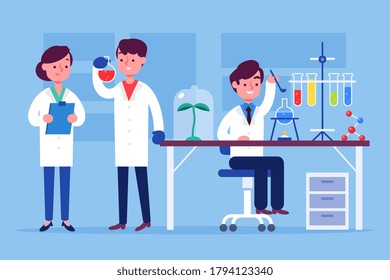 Labor-Recherche-Grafiken. Wissenschaftler, die im Labor arbeiten. Wissenschaftsexperiment. Impfstoff oder Arzneimittel gegen Coronavirus entwickeln. Wissenschaftliches Inneres - chemische, physikalische, medizinische oder mikrobiologische Technologie.