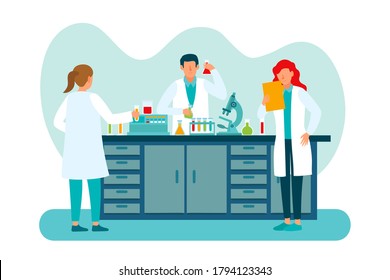 Lab research graphics. Scientists working in laboratory. Science experiment. Development vaccine or drug of coronavirus. Scientific interior - chemical, physical, medical or microbiology technology.