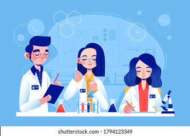 Labor-Recherche-Grafiken. Wissenschaftler, die im Labor arbeiten. Wissenschaftsexperiment. Impfstoff oder Arzneimittel gegen Coronavirus entwickeln. Wissenschaftliches Inneres - chemische, physikalische, medizinische oder mikrobiologische Technologie.