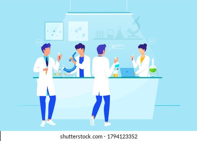 Lab research graphics. Scientists working in laboratory. Science experiment. Development vaccine or drug of coronavirus. Scientific interior - chemical, physical, medical or microbiology technology.