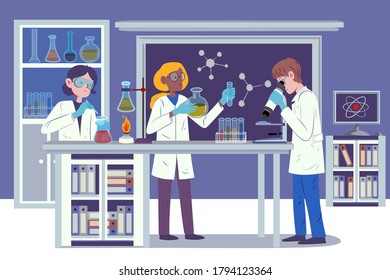 Lab Research Graphics. Scientists Working In Laboratory. Science Experiment. Development Vaccine Or Drug Of Coronavirus. Scientific Interior - Chemical, Physical, Medical Or Microbiology Technology.