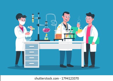 Lab research graphics. Scientists working in laboratory. Science experiment. Development vaccine or drug of coronavirus. Scientific interior - chemical, physical, medical or microbiology technology.