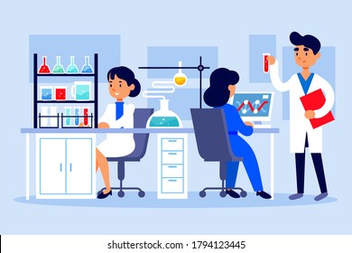 Lab research graphics. Scientists working in laboratory. Science experiment. Development vaccine or drug of coronavirus. Scientific interior - chemical, physical, medical or microbiology technology.