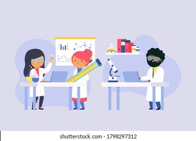 Lab research graphics. Scientists working in laboratory. Science experiment. Development vaccine or drug of coronavirus. Scientific interior - chemical, physical, medical or microbiology technology.