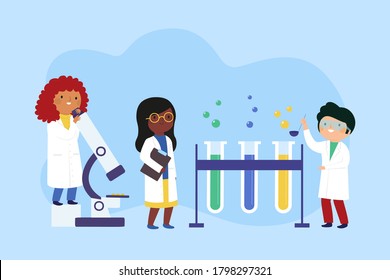 Lab research graphics. Scientists working in laboratory. Science experiment. Development vaccine or drug of coronavirus. Scientific interior - chemical, physical, medical or microbiology technology.
