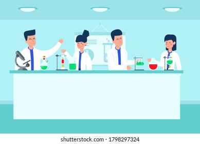 Lab research graphics. Scientists working in laboratory. Science experiment. Development vaccine or drug of coronavirus. Scientific interior - chemical, physical, medical or microbiology technology.