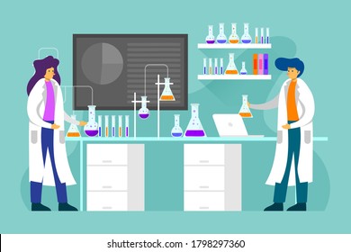 Lab research graphics. Scientists working in laboratory. Science experiment. Development vaccine or drug of coronavirus. Scientific interior - chemical, physical, medical or microbiology technology.