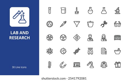 Conjunto de iconos de laboratorio e investigación con estilo de línea. Perfecto para UI, infografías o contenido de redes sociales relacionado con laboratorio, investigación y ciencia.