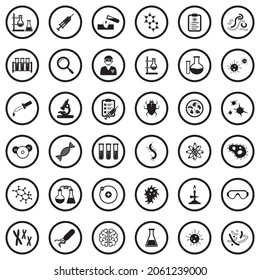 Lab And Research Icons. Black Flat Design In Circle. Vector Illustration.